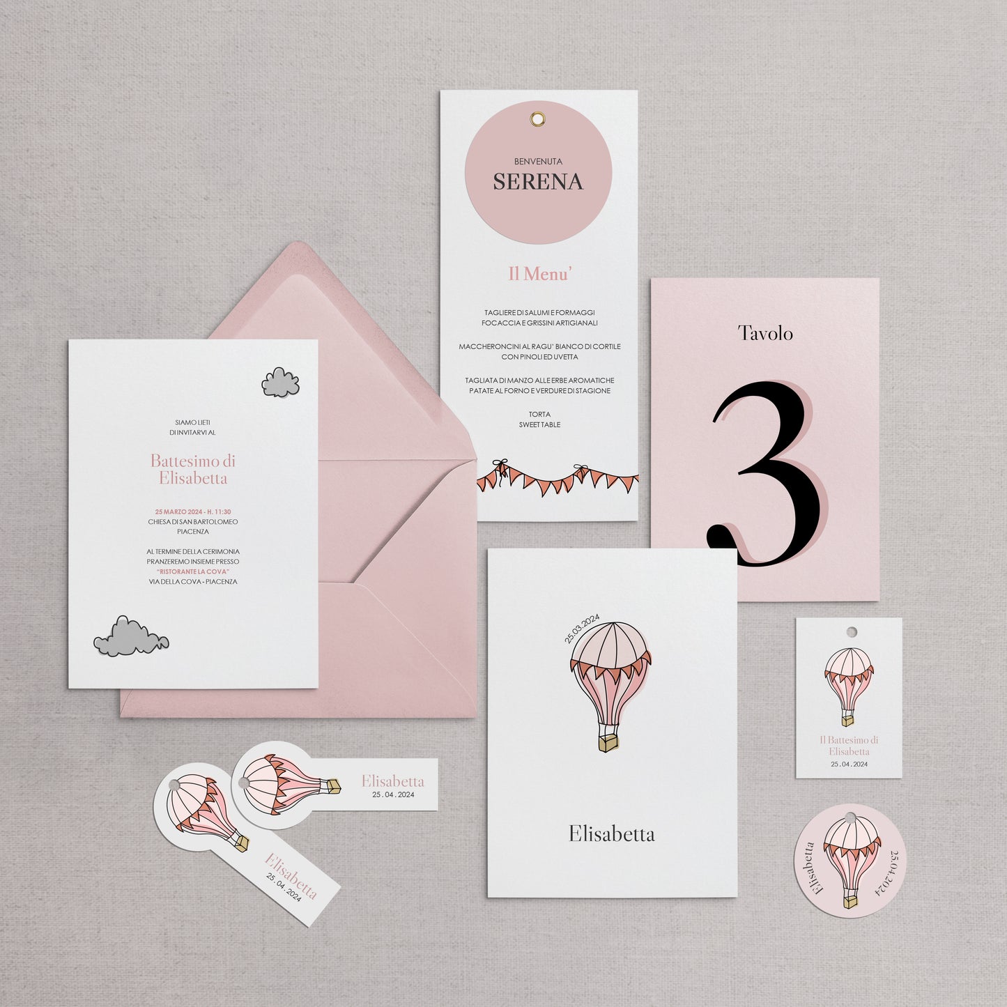 ELISABETTA - Invito Battesimo mongolfiera rosa